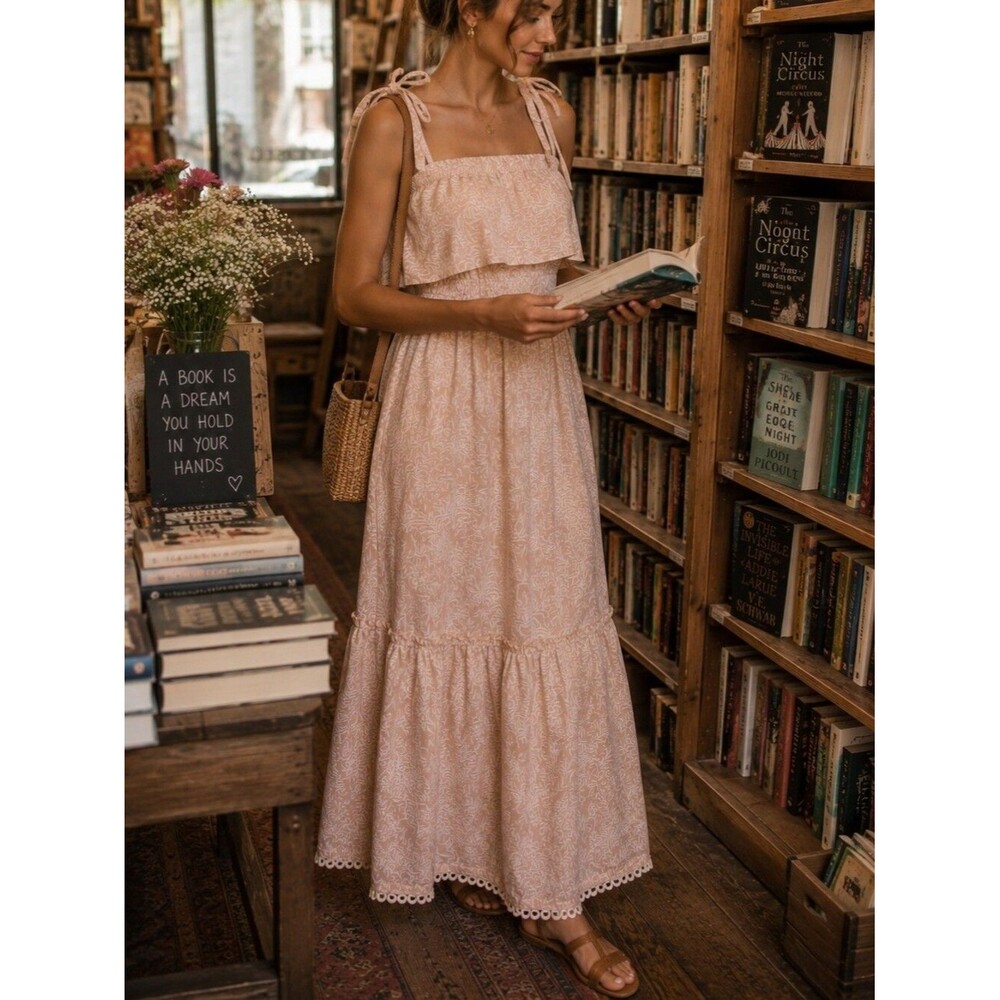Ruffle Overlay Tie Shoulder Midi Dress S Beige Boho Leaf Print Cottagecore Boho